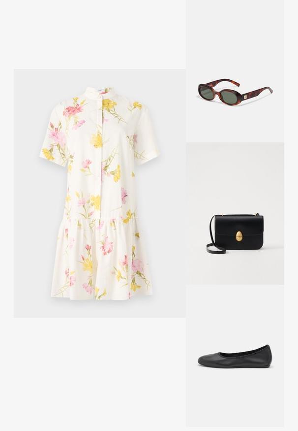 Rövid ujjú fehér ruha rózsaszín és sárga virágmintával, keskeny gallérral és rakott, tiered szoknyával.; Fekete bőr balettcipő lekerekített orral, sima tekstúrával, minimális varrással és rugalmas talp kialakítással.; Tortoiseshell napszemüveg sötét lencsékkel, ovális forma, széles karokkal. Jellemzője egy kis arany dísz oldalán. Simító műanyagból készült.; Fekete bőr kézitáska, struktúrált, téglalap alakú formával. Arany ovális kapoccsal és vékony vállpánttal rendelkezik. Sima textúrájú.