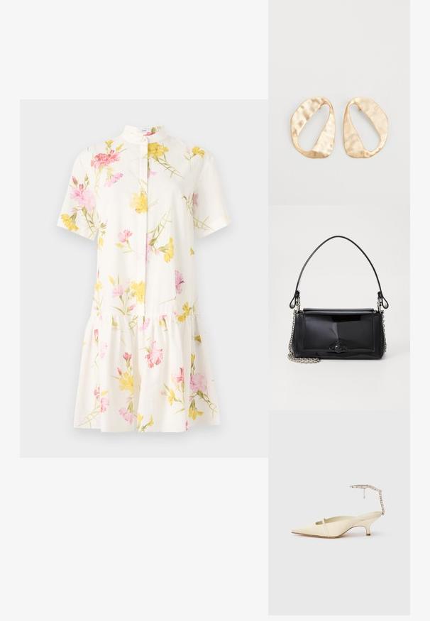 Kortärmad vit klänning med ett blommönster i rosa och gult, med en smal krage och en volangkjoldesign.; Gräddfärgad spetsig slingback-hæl med tunn framrem och prydd ankelrem på vit bakgrund.; Svart lackläderhandväska med rektangulär form, kedjestropp och en distinkt hårdvaruaccent i mitten. Slät textur.; Ett par oregelbundna ovalformade örhängen i guldtonad metall med en strukturerad, något hamrad yta på en vit bakgrund.
