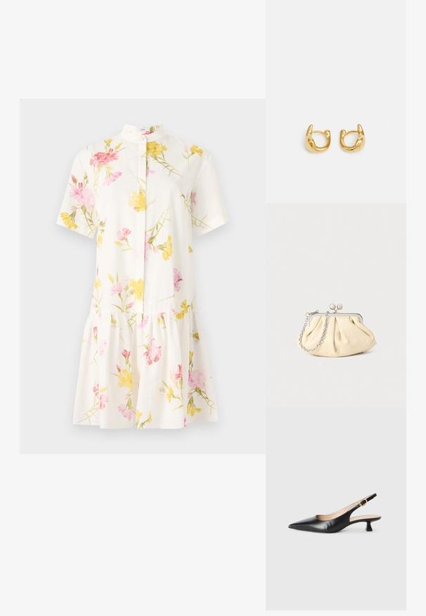 Kurzärmliges weißes Kleid mit floralem Muster in Pink und Gelb, mit einem schmalen Kragen und einem gefältelten, gestuften Rockdesign.; Schwarze Leder-Slingback-Kitten-Heel-Schuhe mit spitzem Zehenbereich und goldener Schnalle am Seitenriemen, auf weißem Hintergrund.; Faltige beigefarbene Ledertasche mit einem silbernen Metallrahmen, ausgestattet mit zwei runden dekorativen Verschlüssen und einem silbernen Kettenriemen.; Goldene Creolen mit einem glatten, runden Design und einer polierten Oberfläche. Die Ohrringe haben eine kompakte, klobige Form und einen nahtlosen Verschluss.