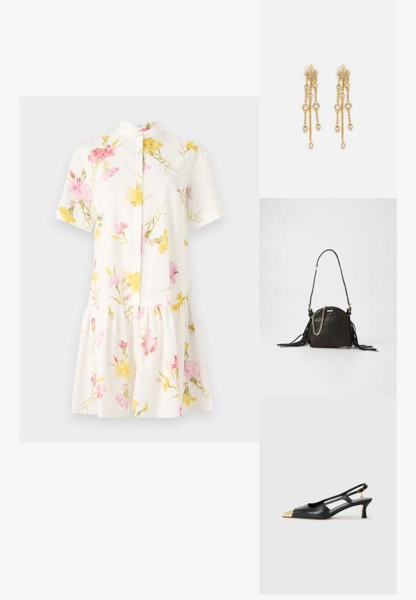 Biała sukienka z krótkim rękawem w kwiatowy wzór w odcieniach różu i żółci, z wąskim kołnierzykiem i zebranym, warstwowym projektem spódnicy.; Czarne skórzane buty slingback z wysmuklonym noskiem i złotą metalową czubkiem. Posiadają wycięcia w designie oraz smukły obcas z regulowanym paskiem.; Czarna skórzana torebka o zaokrąglonym kształcie, z frędzlami, długim paskiem na ramię oraz złotym detalem w postaci łańcuszka.; Złote kolczyki z wieloma kaskadowymi łańcuszkami, z przezroczystymi owalnymi akcentami z rhinestone'ów oraz ozdobnymi sztyftami.