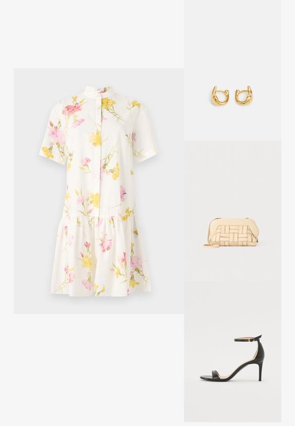 Lühikeste varrukatega valge kleit, millel on roosa ja kollane lillemuster, kitsas krae ja volditud tiered seeliku disain.; Must musta kõrgete kontsadega sandaal, millel on pahkluule kinnituv rihm. Omab sileda tekstuuri, avatud varbaosa ning õhukest kontsa. Kuldtooniline pandla detail.; Kootud beež käsipaga, millel on struktureeritud disain, sile ülemine osa ja pikk rihm. Tekstureeritud detailid tõstavad eseme üldilmet.; Kuldsete rõngaste kõrvarõngad, millel on sile, ümar disain ja poleeritud pind. Kõrvarõngad on kompaktsed, suurte vormide ja sujuva klambriga.