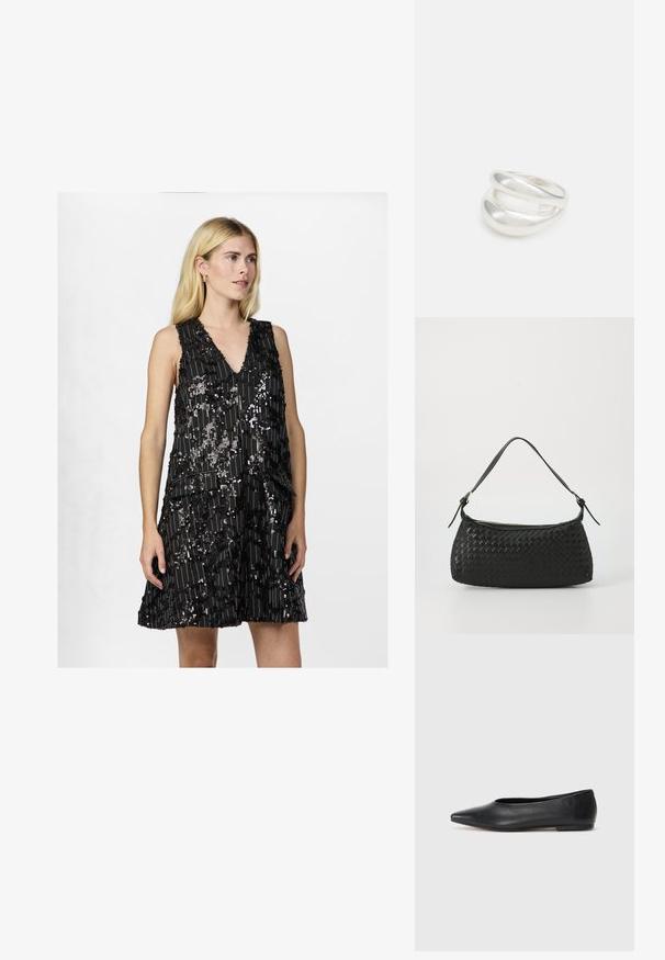 Čierne bezrukávové šaty s výstrihom do V, s dekoratívnym dizajnom v podobe flitrov a vrstvenými tkaninami, ktoré vytvárajú textúru a vizuálny záujem.; Čierne kožené baletky, špicatý špička, minimalistický dizajn, hladká textúra, nízky podpätok, bez viditeľných prvkov alebo ozdôb.; Čierna tkaná taška cez plece s hladkým koženým remienkom a zipsovým uzáverom. Disponuje štruktúrovaným povrchom a zakriveným tvarom.; Strieborný prsteň s dvojitým pásikom s hladkým, lesklým povrchom. Má plynulý, zakrivený dizajn s prekryvajúcimi sa časťami pre moderný vzhľad.
