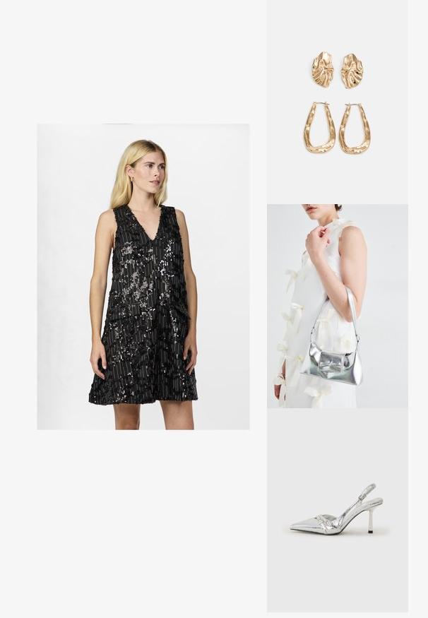 Svart ermeløs kjole med V-hals, med paljett-design og lag med tekstil i lag, som skaper tekstur og visuell interesse.; Sølv slingback høyhelte sko med spiss tå, metallisk finish, to dekorative stropper, og en slank hæl med svart tupp.; Sølvmetallisk håndveske med en strukturert form, med en topphåndtak og sløyfedetalj foran. Glatt tekstur, reflekterende overflate.; Gullfargede øredobber med teksturerte, bølgete former. Inkluderer skulpturelle klipsstuds og åpen hoop-design med en hamret finish.