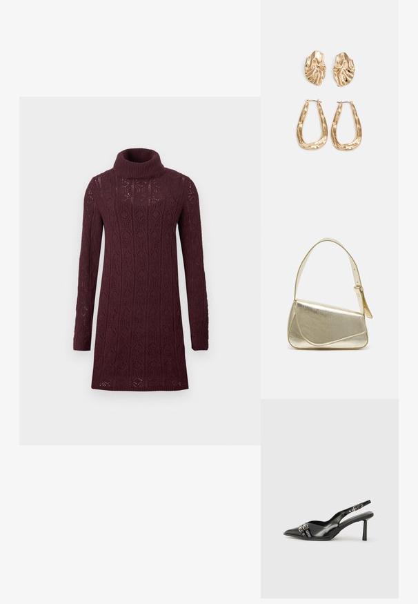 Strikkekjole i dyp burgunder med høy turtleneck. Har et teksturert diamantmønster og lange ermer. Lengde over knærne.; Sorte patentlær slingback-sko med spiss tå, ankelremmer med sølvspenner og detaljer, og en slank hæl.; Gullfarget metallisk håndveske med en strukturert design, glatt tekstur og justerbar stropp. Har en unik trekantet form og minimalistisk søm.; Gullfargede øredobber med teksturerte, bølgete former. Inkluderer skulpturelle klipsstuds og åpen hoop-design med en hamret finish.