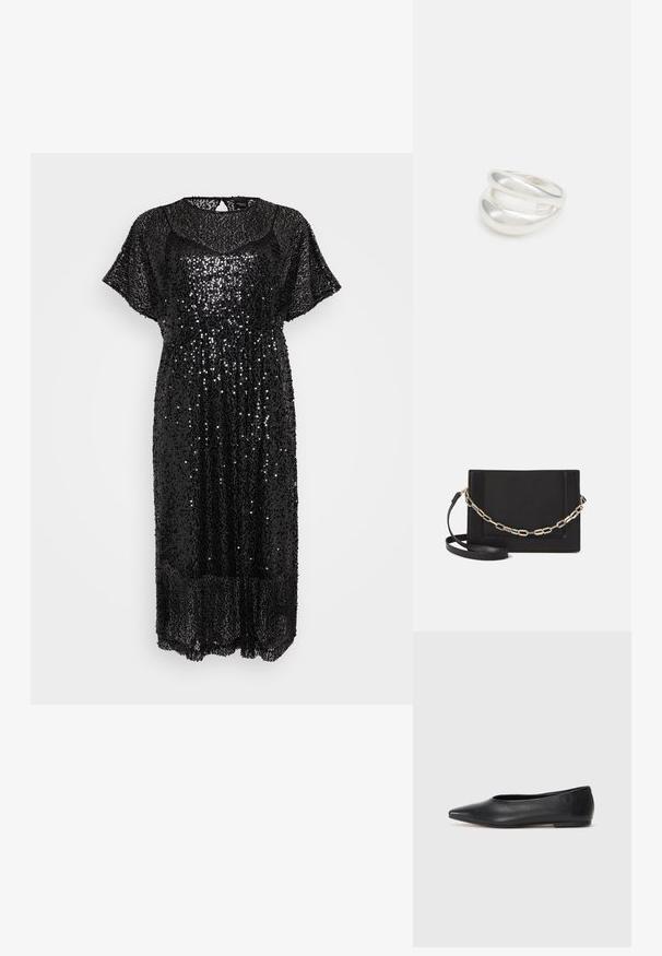 Vestido negro de lentejuelas con un corte holgado, mangas cortas y un dobladillo a la altura de la rodilla. La textura transparente realza el brillo de las lentejuelas.; Bailarinas de cuero negro, punta afilada, diseño minimalista, textura suave, tacón bajo, sin herrajes ni adornos visibles.; Bolso cruzado de piel negra con textura suave, forma rectangular y un detalle de cadena metálica en el frente. Incluye una correa ajustable.; Anillo de plata de doble banda con una superficie lisa y pulida. Presenta un diseño fluido y curvado con secciones superpuestas para un aspecto moderno.