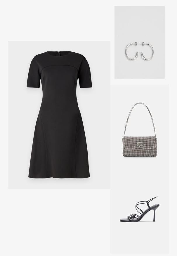 Crna haljina kratkih rukava, s okruglim izrezom, prilagođenim tijelom i raširenom suknjom. Izrađena od glatkog, rastezljivog materijala sa suptilnim šavovima.; Crne sandale na visokoj potpetici imaju tanke trake s čvorastim dizajnom, glatki kvadratni vrh i elegantnu stiletto petu.; Svijetlosivi metalik ruksač s lancem, ukrašen malim okruglim metalnim zakovicama i trokutastim logotipom marke.; Srebro naušnice u obliku prstena s glatkom, sjajnom završnom obradom. Zaobljenog oblika, laganog dizajna, s kopčom na poleđini.