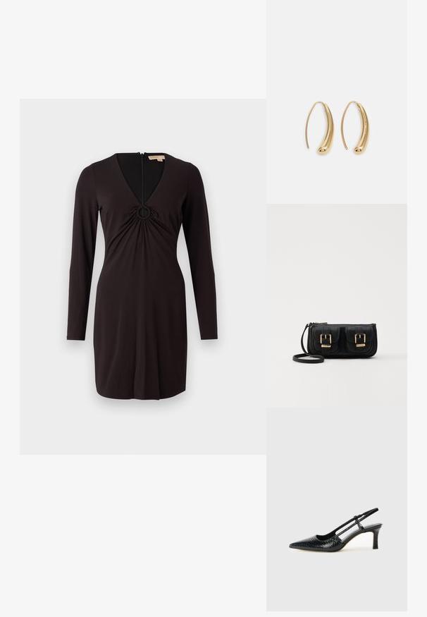 Juoda ilgomis rankovėmis suknelė su giliu V formos iškirpimu ir apvaliu akcentu centre. Pagaminta iš lygios medžiagos, turi prigludusią siluetą ir užtrauktuką gale.; Juodai lakuoti slingback aukštakulniai su smailiu nosiu, su tekstūruotu gyvatės raštu, reguliuojama juosta ir trumpu, tekstūruotu blokiniu kulnu.; Juodas odinis per petį nešiojamas krepšys su dviem priekiniais kišenėmis, auksiniais sagtimis, užtrauktuko uždarymu ir siauromis petnešomis. Textūruota paviršius ir kompaktiškas stačiakampis formatas.; Auksinės metalinės auskarų kabės su lenktą, pailgą forma. Turi lygų, blizgantį paviršių ir užapvalintą galiuką papildomam akcentui.
