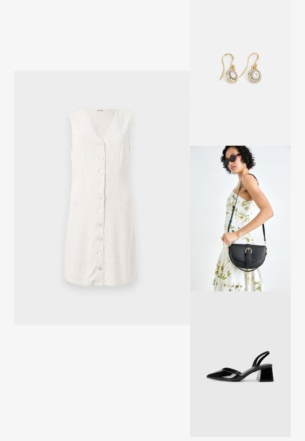 Bez piedurknēm, lins kleita gaiši bēšā krāsā ar V veida kakla izgriezumu un priekšējo pogu aizdari, kurā ir sešas apaļas, gaišas pogas. Vienkāršs un taisns dizains.; Melna lakota āda ar atvērto papēdi, ar smailu purngalu un ģeometrisku blokpapēdi. Iezīmējas elegants, minimāls dizains un gluda tekstūra.; Melnas ādas rokassoma ar izliekta formu, noņemamu siksnu un zelta aksesuāriem. Somai ir vāciņš ar sprādzes detaļu.; Zelta tonī veidotas auskaru piekariņi ar ovālu izgriezumu caurspīdīgām kristālēm, kuras ieskauj mazākas caurspīdīgas akmeņu daļiņas, ar āķveida dizainu drošai valkāšanai.