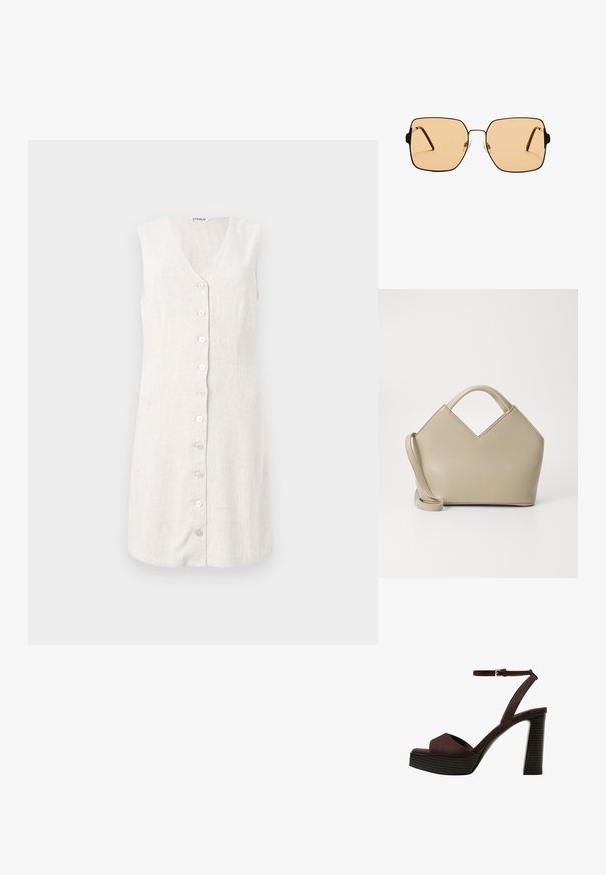 Haljinа bez rukava, od lana, svijetle bež boje s V-izrezом i prednjim zatvaranjem na dugmiće koje sadrži šest okruglih, svijetlih dugmadi. Jednostavan i ravni dizajn.; Smeđe zamšaste sandale s visokim potpeticama, otvorenim prstima, podesivom trakicom oko gležnja i prugastom platformom.; Kvadratne sunčane naočale s smešnim staklima i tankim okvirom od crnog metala. Imaju uglaste tempore i podešive noseče jastučiće za udobnost.; Bež torba sa strukturom i V-oblikovanim vrhom, napravljena od glatke kože, sa kratkim drškama i dugim podesivim remenom. Minimalistički dizajn.