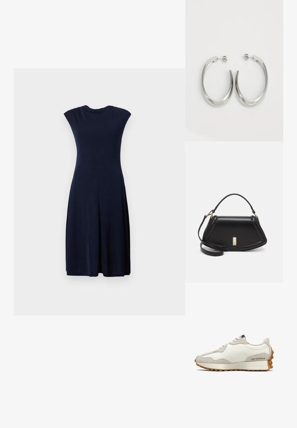 Rochie fără mâneci de culoare bleumarin, confecționată dintr-un material moale, având un corset ajustat și o fustă evazată, cu detalii discrete de cusătură sub piept.; Tenisici alba si bej cu un superior din piele neteda, accente din suede, varf rotund si o talpa din cauciuc texturat. Numele brandului imprimat pe lateral.; Geantă de umăr din piele neagră, cu un design structurat, având o formă tăiată, mânere superioare și accente din aur. Include o curea de umăr ajustabilă.; Cercei din argint, cu un design neted și curbat. Prezintă o finisare metalică strălucitoare și închidere cu stud. Fără modele sau accente vizibile.
