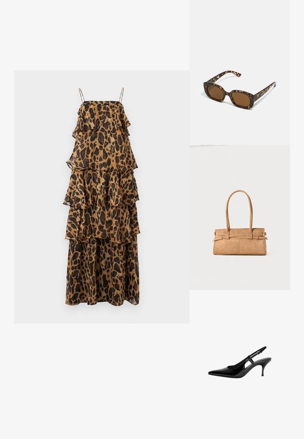 Ärmlös, lager-på-lager maxikjol i tan med svart leopardmönster. Har volanglager och tunna, justerbara band. Tillverkad av lättviktig tyg.; Svart lackläder slingback-pump med spetsig tå, öppna sidoutskärningar, smal klack och justerbart ankelsnöre.; Sköldpaddsmönstrade solglasögon med en rund, kraftig ram och bruna linser. Har subtila mönster och raka, avsmalnande skalmar.; Tan mockasinväska med två långa handtag, rektangulär form och dekorativ sömnad. Har en sidremsa och subtila detaljer i guldmetall.