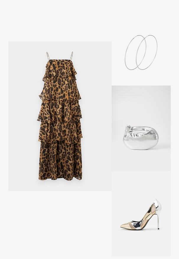 Uden ærmer, lagdelt maxi kjole i tan med sort leopardprint. Har flæser på lagene og tynde, justerbare stropper. Fremstillet af letvægtsstof.; Spidse højhælede sko med et farveskema i sølv, guld og nude. Blank finish med udskæringsdesign, der har en stilletto hæl.; Sølvmetallic pose med en blød, rund form og en knyttet lukning foroven. Fremstillet af glat faux lædermateriale.; Sølvøreringe med et minimalistisk design. Cirkulær form, glat tekstur og tynd profil. Letvægtige med en poleret overflade.