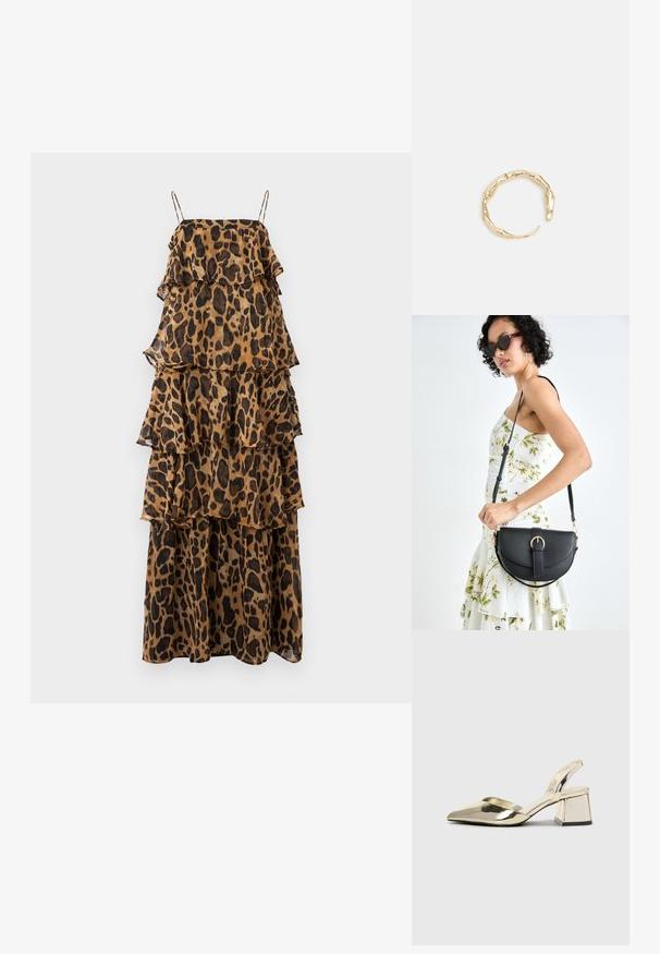 Uden ærmer, lagdelt maxi kjole i tan med sort leopardprint. Har flæser på lagene og tynde, justerbare stropper. Fremstillet af letvægtsstof.; Guld, metalliske slingback-hæle med spids tå og kraftig hæl. Glat tekstur, minimalistisk design og en smal strop.; Sort læderhåndtaske med en buet form, aftagelig rem og guldfinish. Tasken har en klap med en spænde detalje.; Guld-tone ring med et organisk, snoet design, glat overflade og affasede ender, hvilket skaber et moderne, skulpturelt udseende.