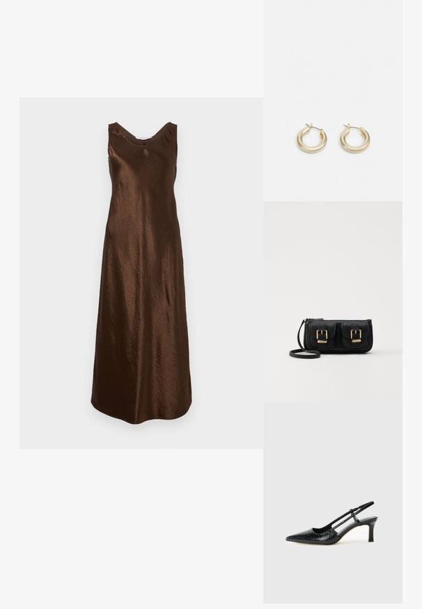 Max Mara Leisure TALETE - Cocktailkjole - marrone; Sorte patent slingback hæl med spids tå, featuring tekstureret slangeskind, justerbar rem og en kort, tekstureret blokhæl.; Svart skinn crossbody veske med to frontlommer, gyldne spenner, glidelåslukking og en slank stropp. Teksturert overflate og kompakt rektangulær form.; Lauren Ralph Lauren BASIC SMALL HOOP - Øredobber - gold-coloured