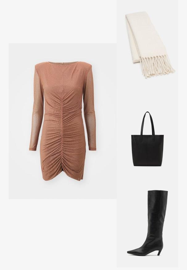 Haljina od rebrastog bronce s dugim prozirnim rukavima i prilagođenim siluetom. Ima nabrani prednji dio, metalik detalje i zatvaranje na patentni zatvarač na leđima.; RAID FLAURA - Čizme - black; Bijela šal s teksturiranim uzorkom, s resicama na krajevima. Materijal djeluje mekano i lagano, uredno presavijen za izlaganje.; Crna torba za nošenje od teksturiranog materijala, s dva dugačka remena i jednostavnim, minimalističkim dizajnom bez vidljivog hardvera.