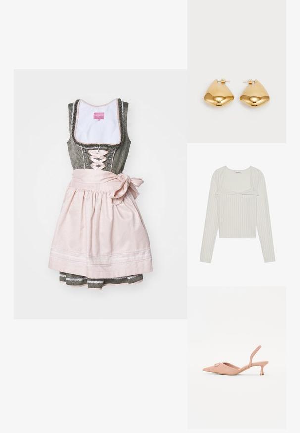 Dirndl traditionnel avec un corsage vert foncé, un devant lacé, et une jupe rose nouée avec un nœud. Comprend des broderies décoratives et un tissu superposé.; Haut beige clair à manches longues avec une texture côtelée. Présente une bordure en dentelle et un design court, avec un col rond et des manches ajustées.; Chaussure à bride arrière rose avec un bout pointu, un design minimaliste, un petit talon et un nœud décoratif à l'avant. Fabriquée en matériau lisse.; Boucles d'oreilles en métal doré avec une forme triangulaire lisse et arrondie et un design à attache de tige ; surface réfléchissante avec un minimum de détails.