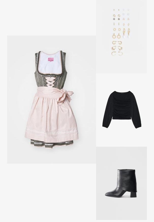 Tradicionāls dirndl ar tumši zaļu bodici, ar šņorējamu priekšpusi un rozā svārkiem, kas sasieti ar banti. Iezīmē dekoratīvās šuves un slāņu audumu.; Melna garā piedurkne tops ar savilktām auduma detaļām priekšā un pie plaukstām, izgatavots no mīksta, elastīga materiāla ar laivu kakla izgriezumu.; Melnas ādas potītes zābaki ar norādītu purngalu, gludu tekstūru un strukturētu blokveida papēdi. Iezīmē augstu, salocītu apkakles dizainu.; Zeltainā tonī auskari, kas iekļauj dažādus dizainus, tostarp pīrsingu, gredzenus un karājošus elementus ar pērlēm un rhinestones.