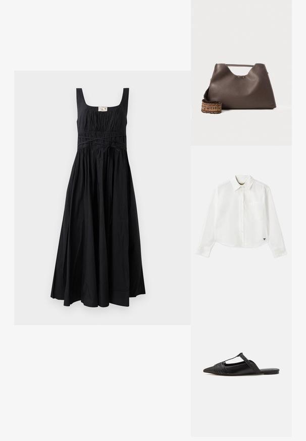 Must musta, ilma varrukat kleit, ruudukujulise dekolteega, kokku kogutud rinnaosa ja voolav seelikuosa. Omab reguleeritavat vöökohta ja pehmet puuvillast kangast.; Valge lühikesed varrukad puuvillane särk. Omab nööbiga esist, rinna taskut ning väikest musta logo all vasakul.; Must kuulsad nahast kandadega kingad, millel on terav nina, koos kootud detaili ja volditud ülaosaga. Lame tald minimaalse riistvaraga.; Pruun nahkne käekott tekstureeritud viimistlusega, nurkadega disain ja silmapaistev ülemine sang. Omab mustriga kootud rihma detaili.