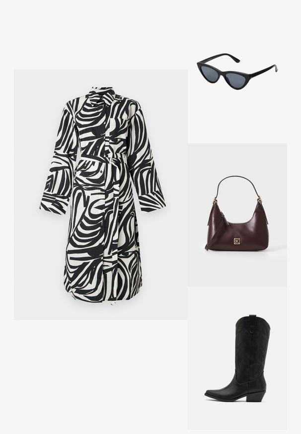 Vestito a camicia a maniche lunghe con stampa astratta in bianco e nero a motivi zebra, con colletto, abbottonatura frontale, taschino sul petto e cintura in tessuto coordinato con fibbia a doppio anello.; Stivale da cowboy in pelle nera con punta affusolata, tacco basso impilato e intricato motivo a foglia stampato sul gambale. Anello nella parte superiore per una facile indossabilità.; Occhiali da sole cat-eye neri con lenti grigie scure, montatura in plastica elegante, angoli appuntiti e tempie dritte. Nessuna ferramenta o accenti visibili.; Borse in pelle borgogna con forma curva, dettagli in oro sull'hardware e chiusura con cerniera. Presenta una tracolla staccabile.
