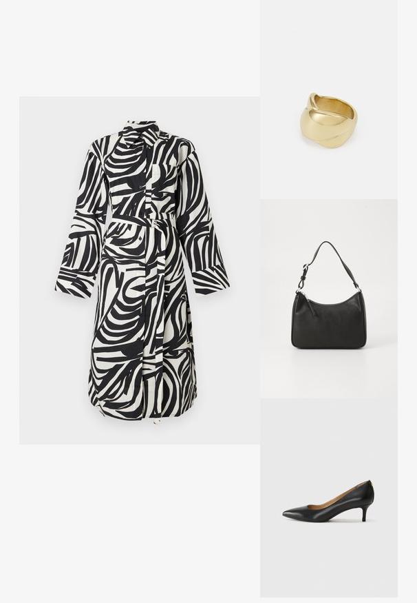 Juodos ir baltos spalvos abstraktaus zebros rašto ilgomis rankovėmis suknele su apykakle, priekyje su sagomis, krūtinės kišene ir derančia audinio juosta su dvigubu žiediniu sagtimi.; Juodos odinės aukštakulnės bateliai su smailiu nosiu, žemu kulnu ir lygiu paviršiumi. Priekyje yra nedidelis atvirumas, o gale minimalus apdaila.; Juoda odinė rankinė su išlenkta forma, viena dirželiu, užtrauktuko uždarymu ir subtiliu ženklinimu priekyje. Lygus paviršius, minimalistinis dizainas.; Auksinės spalvos žiedas su lygiu, sukamu dizainu. Yra poliruotas paviršius ir suapvalinti kraštai, sukuriantys vientisą, sklandžią formą.