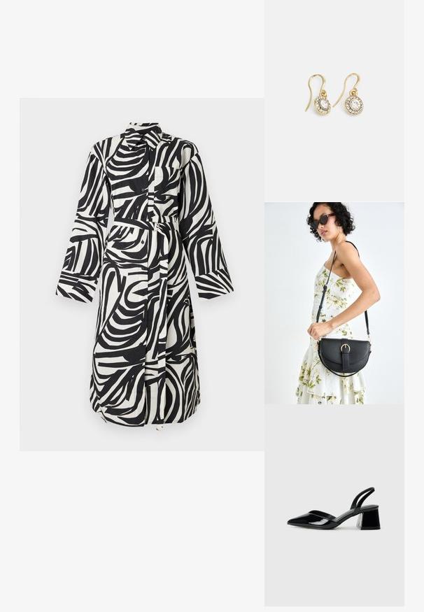 Čierno-biele abstraktné zebrové šaty s dlhými rukávmi, golierom, zapínaním na gombíky vpredu, náprsným vreckom a zodpovedajúcim látkovým opaskom so sponou s dvojitým krúžkom.; Čierne lakované kožené sandálové podpätky s špicatou špičkou a geometrickým blokovým podpätkom. Disponujú elegantným, minimalistickým dizajnom a hladkým povrchom.; Čierna kožená kabelka s zaobleným tvarom, odnímateľným popruhom a zlatými doplnkami. Kabelka má klopu s detailom s prackou.; Náušnice zlatého odtieňa s oválnymi čírymi kryštáli obklopenými menšími čírými kameňmi, s háčikovým dizajnom pre bezpečné nosenie.