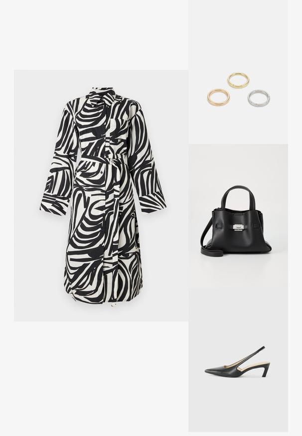 Mustvalge abstraktse sebramustriga pikkade varrukatega särkkleit kraega, nööpidega ees, rinnatasku ja silmuste ning topeltsõlmiga sobiva kangavööga.; Must mustaga, terav varvas, madala kontsaga sildiga king, mis on valmistatud siledast nahast ja mille küljel on lõike disain hingavuse tagamiseks.; Mustmust kott, millel on tekstuuriga viimistlus, sisaldab kahte ülemist kättehaaret, eemaldatavat õlarihma ja hõbedast luku detaili.; Kolme metallist rõngast: üks roosa kuld, üks kuld tekstuursete aktsentidega ja üks hõbe, kõik sisepoolt graveeritud brändinguga.