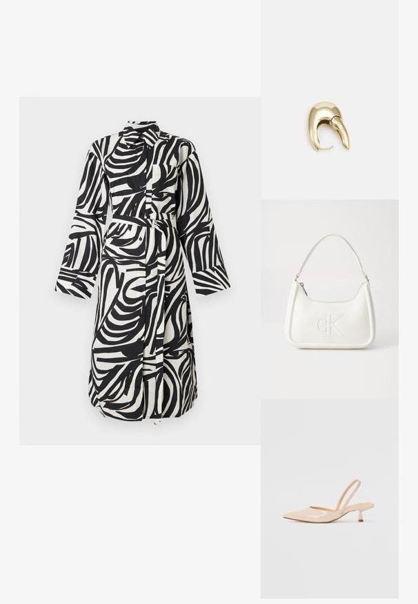 Fekete-fehér absztrakt zebramintás, hosszú ujjú ingruha gallérral, gombos előlappal, mellkasi zsebbel és dupla gyűrűs csattal ellátott, az anyagával megegyező övvel.; Bézs színű lakkbőr slingback magassarkú cipők hegyes orral és vékony, négyzetes sarkú dizájnnal. Simább textúra és minimalista stílus, díszítések nélkül.; Fehér bőrtáska ívelt formájú, elöl feltűnő "CK" logóval, egyetlen vállpánttal. Cipzáras zárás a tetején.; Aranyszínű fém fülbevaló, elegáns, ívelt formával. Különleges hegyes alak, fényes felszín és zsanéros záródás jellemzi.