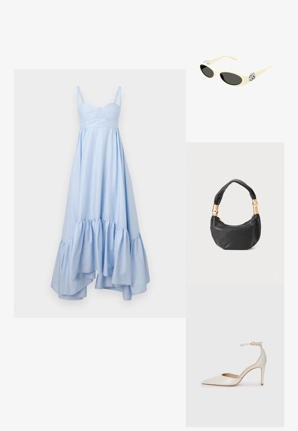 Vestido azul claro de comprimento médio, feito de algodão, apresentando um corpete justo, barra com babados e alças finas listradas.; Sapato de salto alto em pele branca com biqueira pontiaguda, faixa no tornozelo e um salto fino de stiletto. Textura suave com um leve acabamento brilhante.; Óculos de sol cor creme com lentes ovais, tonalidade preta e detalhes em metal no templo. Textura suave, design em formato de gato.; Mala de mão em couro preto com forma redonda, textura suave e alça com nó, apresentando detalhes em metal dourado. Fecho em zíper.
