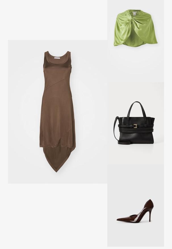 Ruda beRankovė suknelė su aukščiau ir žemiau esančiu hemu, pagaminta iš lygios medžiagos. Yra įstrižų siūlių detalių, suteikiančių papildomą dizainą.; Ruda patentinė oda aukštakulnė bateliai su smailiu pirštu ir išpjovomis šoninėse, pasižymintys plonu kulnu ir glotnia apdaila.; Žalias satino apsiaustas su drapiruotu priekinio dizainu, susikaupęs centre, lygus paviršius, trumpas ilgis ir suapvalinta kaklo iškirptė.; Juodas odinis rankinukas su struktūrizuota forma, dviem viršutinėmis rankenomis, nuimamu dirželiu ir auksiniu užsegimu horizontalioje juostoje.