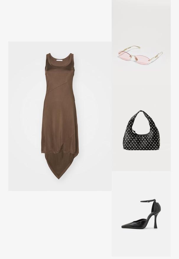 Brown sleeveless dress with a high-low hem, made of smooth fabric. Features diagonal seam details for added design.; Black high-heeled pump with a glossy finish, pointed toe, ankle strap, and a sculpted stiletto heel. Smooth texture and sleek design.; Gucci Sunglasses - gold-coloured/pink; Black leather handbag with a curved handle, featuring a pattern of metallic studs evenly distributed across the surface. Zipper closure.