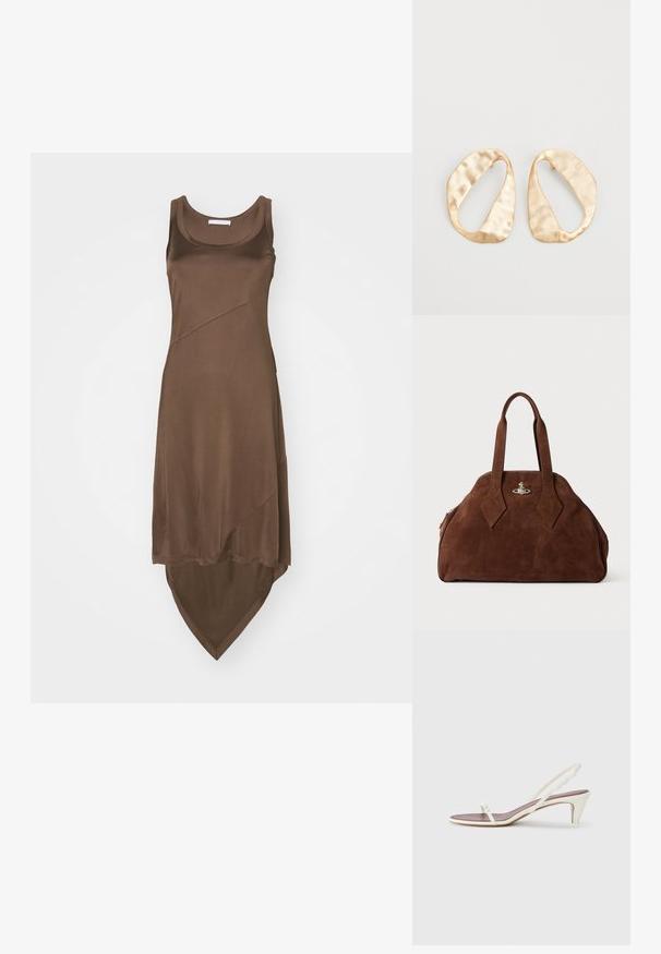 Rochie maronie fără mâneci cu tiv înalt și jos, realizată dintr-un material neted. Dispune de detalii cu cusături diagonale pentru un plus de design.; Sandale albe cu toc mic, curele subțiri și o textură netedă din piele; prezintă o cataramă decorativă mică.; Geantă din suede maro, cu o formă structurată, un corp rotund și mânere lungi în formă de diamant. Dispune de o închidere din metal argintiu.; O pereche de cercei din metal de culoare aurie, cu formă ovală neregulată, având o suprafață texturată, ușor ciocănită, pe un fundal alb.