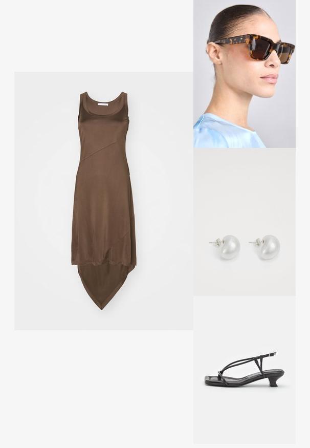 Hnedé bezrukávové šaty s asymetrickým lemom, vyrobené z hladkej tkaniny. Majú diagonálne švy pre lepší dizajn.; Čierne kožené sandále s tenkými remienkami, nízkym blokovým opätkom a štvorcovou špičkou. Majú pracku na uzatvorenie a hladký povrch.; Slnečné okuliare z korytnačieho shellu s robustným, obdĺžnikovým rámom. Tmavé šošovky a zlaté akcenty na stranoch. Hladký, lesklý povrch.; Strieborné perlové náušnice s zakriveným, fazuľovým tvarom. Hladký, lesklý povrch a zabezpečené s kolíkom a zadným uzáverom.