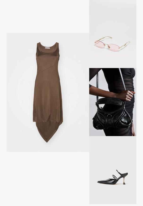 Brown sleeveless dress with a high-low hem, made of smooth fabric. Features diagonal seam details for added design.; Black leather point-toe slingback shoe with two adjustable straps and a metallic heel. Smooth texture and minimalist design.; Gucci Sunglasses - gold-coloured/pink; Black leather handbag with perforated texture, curved design, and a rounded handle. Accents include a shiny circular hardware piece.