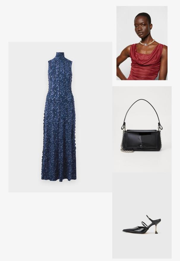 Dziļi zila, bez piedurknēm maxi kleita ar augstu kaklu, ar ziedu mežģīņu pārklājumu un viļņotām malām sānos.; Melna ādas kurpe ar smailu purngalu un diviem regulējamiem siksniņām, kā arī metāla papēdi. Gluda tekstūra un minimālistisks dizains.; Melnas lakotas ādas rokassomi ar taisnstūra formu, ķēdes siksnu un izteiksmīgu metāla aksesuāru centrā. Gluda tekstūra.; Dziļi sarkans kleitas ar kapuci, tam ir gluda tekstūra. Iezīmējas ar pērļu kaklarotu ar dekoratīvu sudraba akcentu centrā.