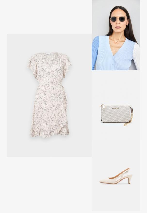 Ziedu apģērbs no krēmkrāsas auduma, ar īsām plīvurojošām piedurknēm, V veida izgriezumu un drapēta apakšmalu ar nelieliem sarkaniem un zaļiem ziediem.; Baltas siksniņveida papēdis ar smailu purngalu, gludu augšējo materiālu, zemu blokpapēdi un sānu izgriezumu dizainu ar regulējamu sprādzi.; Apaļas saulesbrilles ar tumšiem objektīviem un zeltītām rāmēm. Modelis valkā gaiši zilu, ribotu kardigānu ar pogām un kontrastējošām baltām piedurknēm.; Michaela Korsa rokassomi bez̦ā īšojuma, kas izgatavota no apklāta kanvas, iekļaujot atkārtotu MK logotipa rakstu, zelta aparatūru un noņemamu ķēdes siksnu.