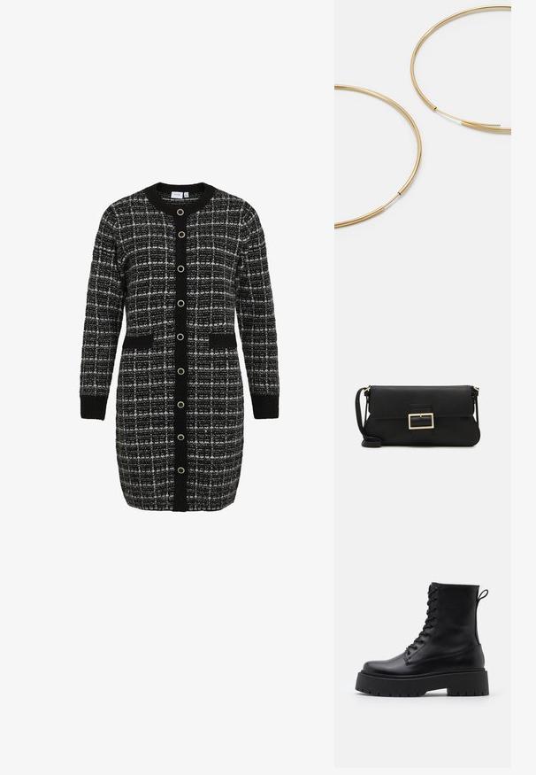 Juodai baltas languotas kardiganas su apvaliu apykakle, ilgomis rankovėmis, priekinėmis kišenėmis ir kontrastinga juoda mygtukų juosta. Megztas tekstūra.; Juodos odinės aulinukės su apvalia nosimi, raišteliais priekyje ir storesniu guminio pado apačioje su tekstūruotu raštu. Priekyje yra kilputė.; Juodas odinis dėkliukas su atvarteliu ir auksinės metalinės sagties detalėmis. Įeina juodas diržas ir elegantiškas, minimalistinis dizainas.; Aukso spalvos žiedo auskarai, ploni ir apvalūs, su lygiu metaliniu paviršiumi be papuošimų ar raštų.