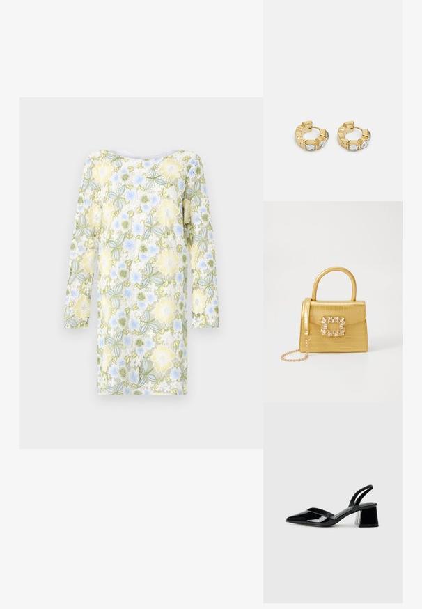 Bruuns Bazaar YVONNE BLUCILLE DRESS - Denní šaty - multi coloured; Černé lakované kožené lodičky na pásku s špičatou špičkou a geometrickým blokovým podpatkem. Vyznačují se elegantním, minimalistickým designem a hladkým povrchem.; Žlutá kabelka z umělé krokodýlí kůže se strukturovaným designem, horním uchopem, odnímatelným řetízkovým popruhem a dekoračním krystalovým zdobením na zapínání.; Zlaté kruhové náušnice s texturovaným designem a třemi jasnými krystalovými akcenty na jedné straně, které nabízejí moderní geometrickou estetiku.