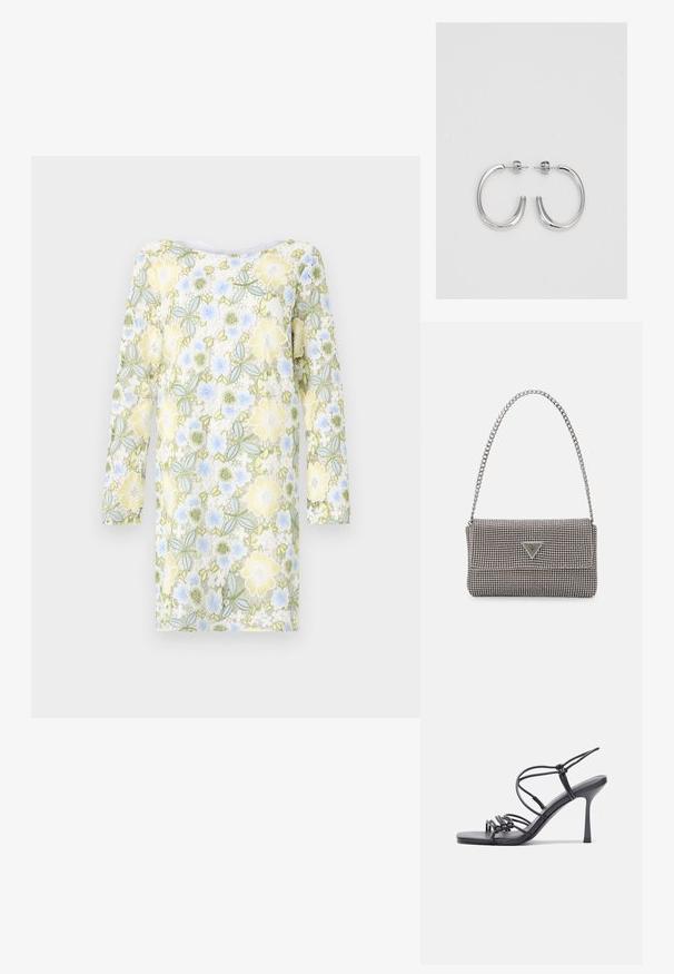 Bruuns Bazaar YVONNE BLUCILLE DRESS - Kasdienė suknelė - multi coloured; Juodos aukštakulnės sandalai pasižymi plonyčiais dirželiais su mazgo dizainu, lygiu kvadratiniu pirštu ir elegantišku stiletto kulnu.; Šviesiai pilka metalinė rankinė su grandinėlės dirželiu, papuošta mažais apvaliais metaliniais smeigėmis ir trikampiu prekės ženklu.; Sidabrinės auskarai žiedai su lygiu, blizgiu paviršiumi. Suapvalinta forma, lengvas dizainas, su uždarymu ant smeigtuko.