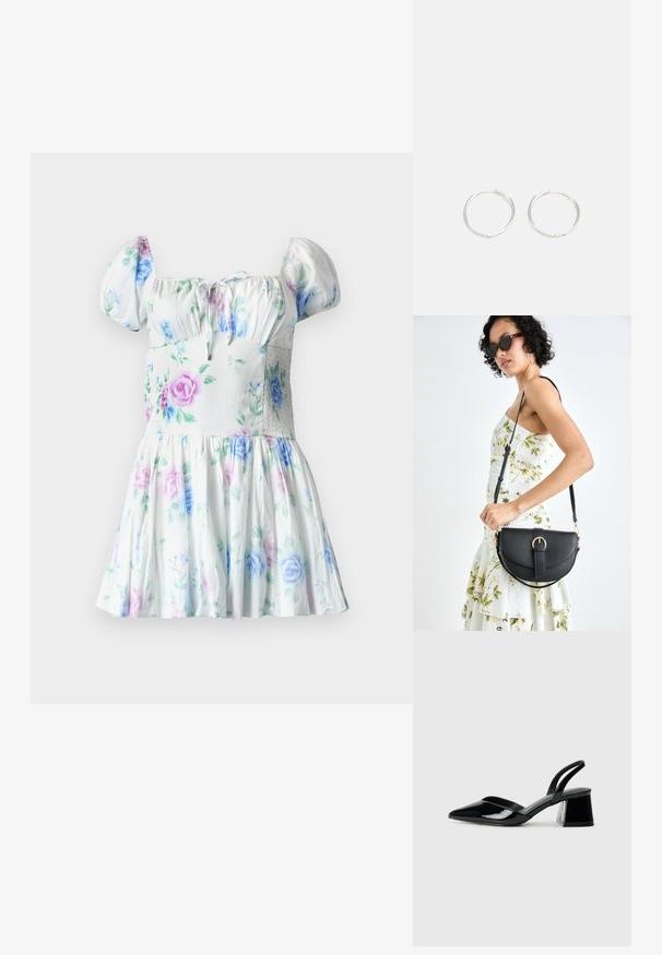 CVETNI TISKANI KLEDT Z OPUŠČENIMI ROKAVI, BELA TKANINA, PASTELNE ROŽE IN LISTI, NAROBAN DELO TELESA, DVELOM KILT, LAHKA TEXTURA.; Črne lakirane slingback pete s koničastim nosom in geometrijsko blokasto peto. Imajo eleganten, minimalističen dizajn in gladko teksturo.; Črna usnjena torbica s ukrivljeno obliko, z odstranljivo naramnico in zlatimi dodatki. Torbica ima pokrov s podrobnostmi v obliki zaponke.; Srebrne kroglice z elegantnim, okroglim oblikovanjem, z gladko površino in brez vidnih okrasnih elementov. Premer ni določen.