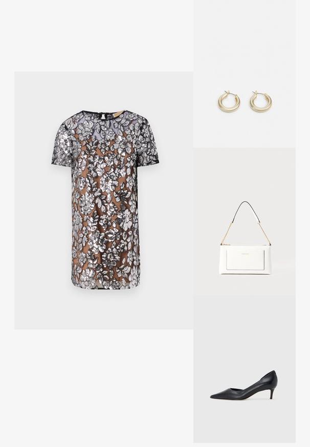 Caurspīdīga īsām piedurknēm kleita ar sudraba ziedu aplikāciju uz caurspīdīgas bāzes, apaļu dekoltē un taisnu apakšmalu.; Melna ādas kurpe ar smailu purngalu un zemu papēdi. Raksturota ar gludu tekstūru un smalku spīdumu. Priekša ar atvērtu izgriezumu papildu detaļai.; Baltā ādas rokassomu ar teksturētu apdari, ar zelta ķēdes siksnu un melniem akcentiem. Iekļauj priekšējo kabatu un aizdari ar rāvējslēdzēju.; Lauren Ralph Lauren BASIC SMALL HOOP - Auskari - gold-coloured