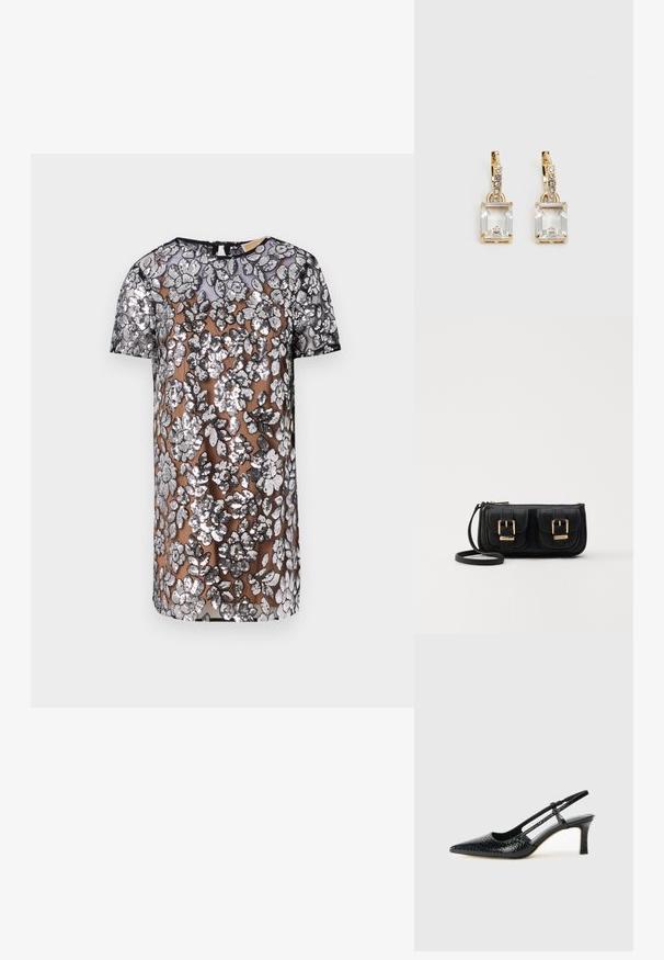 Caurspīdīga īsām piedurknēm kleita ar sudraba ziedu aplikāciju uz caurspīdīgas bāzes, apaļu dekoltē un taisnu apakšmalu.; Melna patent āda ar slīdošo papēdi un smailo purngalu, ar teksturētu čūsku drukājumu, regulējamu siksniņu un īsu teksturētu blokpapēdi.; Melnas ādas crossbody soma ar divām priekšējām kabatām, zelta sprādzēm, ar rāvējslēdzēju aizdari un šauru siksnu. Strukturēta virsma un kompakta taisnstūra forma.; Zeltītas auskaru rotas, kuru centrā ir taisnstūra formas caurspīdīgs kristāls, kas karājas zem mazu, apaļu caurspīdīgu akcentu rindas. Elegants, mūsdienīgs dizains.