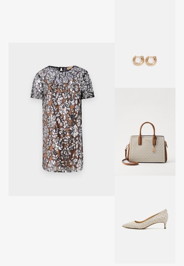 Prozirna haljina kratkih rukava sa srebrnim cvjetnim aplikacijama od šljokica na prozirnoj podlozi, zaobljenim izrezom i ravnim rubom.; Cipele s uskim vrhom u bež tkanini s geometrijskim uzorkom, s niskom petom i elegantnom siluetom. Glatka tekstura i minimalni akcenti.; Bežna torba s smeškim kožnim detaljima, s uzorkom loga, gornjim ručkama, odvojivim remenom za rame i zlatnim detaljima.; Zlatne okrugle naušnice s poliranim završetkom, s debelim, kružnim dizajnom i sigurnim mehanizmom zatvaranja. Glatka tekstura i sjajan izgled.