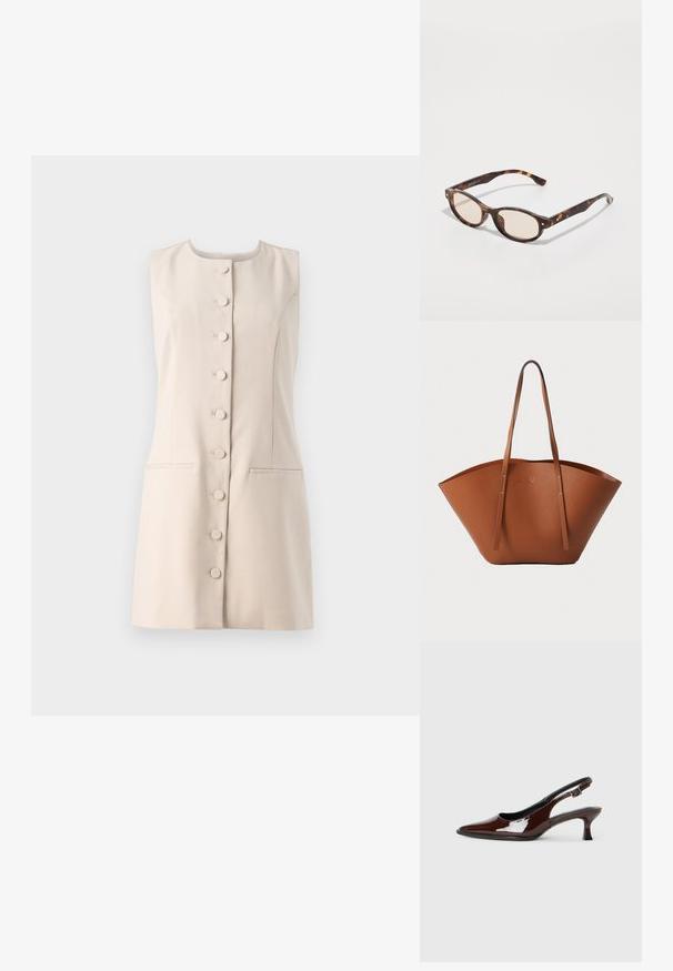 Robes sans manches beige avec un col rond, une fermeture à boutons et deux poches latérales. Tissu lisse avec un design structuré.; Chaussure slingback en cuir verni marron avec un bout pointu et un talon modéré. Elle est dotée d'une sangle à boucle pour un ajustement sécuritaire. Texture lisse.; Lunettes de soleil écaille de tortue avec une forme arrondie et des verres clairs. Présentent des branches robustes avec de petites accents dorés, fabriquées en matériau plastique.; Sac fourre-tout en cuir marron avec une forme large et structurée, des poignées fines et une finition texturée. Présente un design minimaliste sans matériel visible.