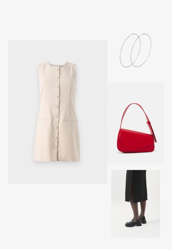 Beige ilma varrukatega kleit ümmarguse kaelusega, nupuvajutusega esiosa ja kahe küljetaskuga. Sile kangas struktureeritud disainiga.; Mustad mustad jalatsid ümmarguse varbaga, paksu plokkniidi ja elastsete külgdetailidega, kombineeritud tumedate sukkade ja musta lõhikuga seelikuga.; Punane nahast käekott, millel on nurkadega geomeetriline disain. Omab ühte reguleeritavat rihma ja klappidega sulgemist, millel on õmblustega kaunistused.; Hõbedased rõngastikkaehingad minimalistlikus disainis. Ümar kuju, sile tekstuur ja õhuke profiil. Kerged ning poleeritud viimistlusega.