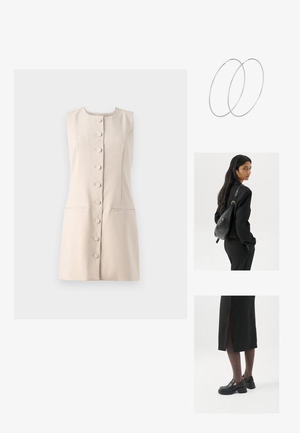 Beige ilma varrukatega kleit ümmarguse kaelusega, nupuvajutusega esiosa ja kahe küljetaskuga. Sile kangas struktureeritud disainiga.; Mustad mustad jalatsid ümmarguse varbaga, paksu plokkniidi ja elastsete külgdetailidega, kombineeritud tumedate sukkade ja musta lõhikuga seelikuga.; Pikkade tumehaired naine mustas ülikonnas, kandes musta nahast õlakotti, vaatab üle õla valge tausta taustal.; Hõbedased rõngastikkaehingad minimalistlikus disainis. Ümar kuju, sile tekstuur ja õhuke profiil. Kerged ning poleeritud viimistlusega.