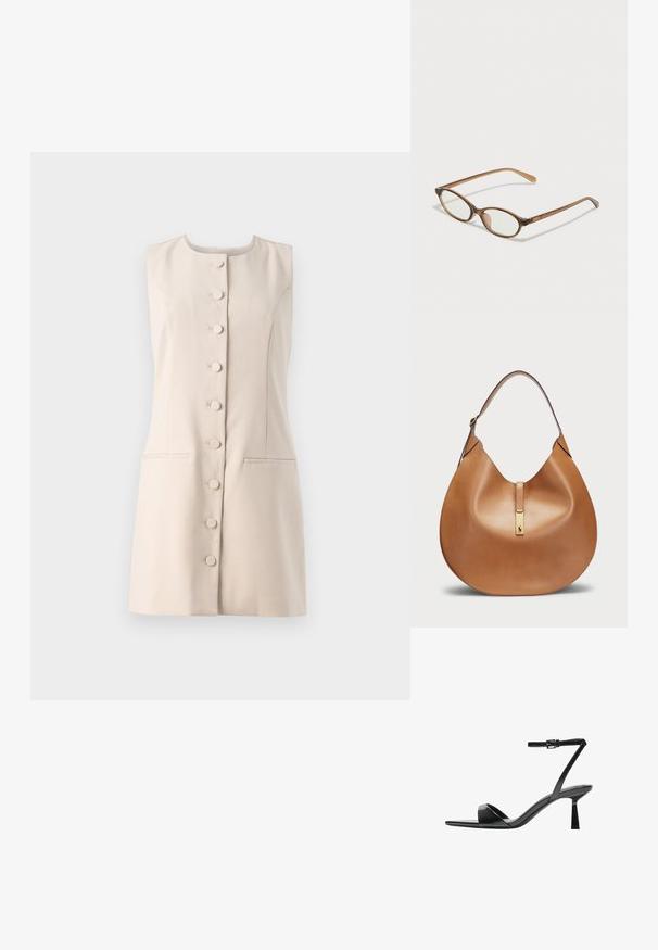 Bež obleka brez rokavov z okroglim izrezom, gumbnim zapiranjem spredaj in dvema stranskima žepek. Gladek material s strukturirano zasnovo.; Bershka Sandali z visoko peto - black; Rjavo želvovina očala z ovalnimi lečami, tankimi ročaji in prosojnimi detajli. Imajo subtilen logo na templetu. Eleganten, lahek dizajn.; Torbica iz svetlo rjave usnjene oblike s širokim ramenskim trakom. Ima zlatni kovinski poudarek na sredini in gladko teksturo.