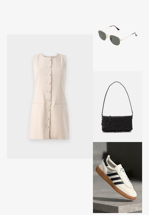 Beige sleeveless dress with a round neckline, button front, and two side pockets. Smooth fabric with a structured design.; White suede sneaker with navy stripes, rubber gum sole, textured upper, round toe, and lacing; features branding on the side and tongue.; Gold metal-frame sunglasses with dark green lenses, aviator style, featuring slim arms and tortoiseshell accents on the tips.; Black quilted faux leather bag with a chain strap, featuring a hexagonal pattern and a decorative wing detail on the front.