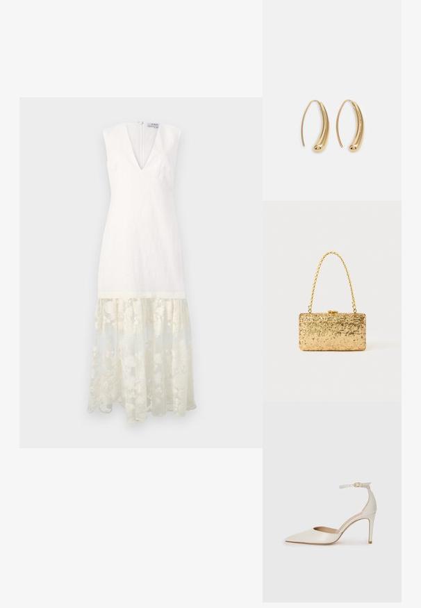 Balta lininė suknelė su v-edrožiu, trumpomis rankovėmis ir permatomu siuvinėtų nėrinių apmušalu. Užsegama užtrauktuku gale. Elegantiška, struktūrizuota forma.; Balti odiniai aukštakulniai batai su smailiu priekiniu galu, kulkšnies dirželiu ir siauru stiletu. Lygi tekstūra su subtiliu blizgiu paviršiumi.; Auksinė blizgučių rankinė, stačiakampio formos, su susuktos grandinėlės rankena ir metaliniu užsegimu, atspindinti šviesą su tekstūruotu paviršiumi.; Auksinės metalinės auskarų kabės su lenktą, pailgą forma. Turi lygų, blizgantį paviršių ir užapvalintą galiuką papildomam akcentui.