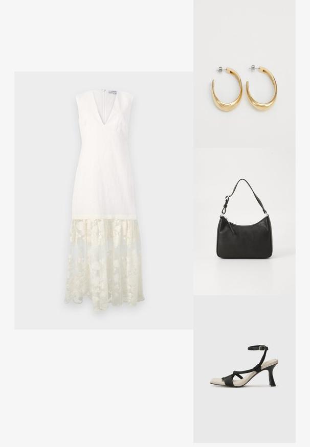 Balta linu kleita ar V veida kaklu, īsām piedurknēm un caurspīdīgu izšūtu mežģīņu apakšmalu. Aizmugurē ir rāvējslēdzēja aizdare. Eleganta, strukturēta forma.; Melnas augstpapēžu sānijas ar pinuma siksnu dizainu, kvadrātveida purngali un regulējamu potītes siksnu. Gaismas beidzamais kāju paklājiņš ar spīdīgu melnu papēdi.; Melnas ādas rokassomu ar izliekta formu, vienu siksnu, ar rāvējslēdzēju aizdari un diskrētu zīmolu uz priekšpuses. Gluda tekstūra, minimālisma dizains.; Zeltaini auskari ar gludu, izliekta dizaina. Izgatavoti no metāla, ar elegantu apdari un aizmugurējām aizdares aizsargām.