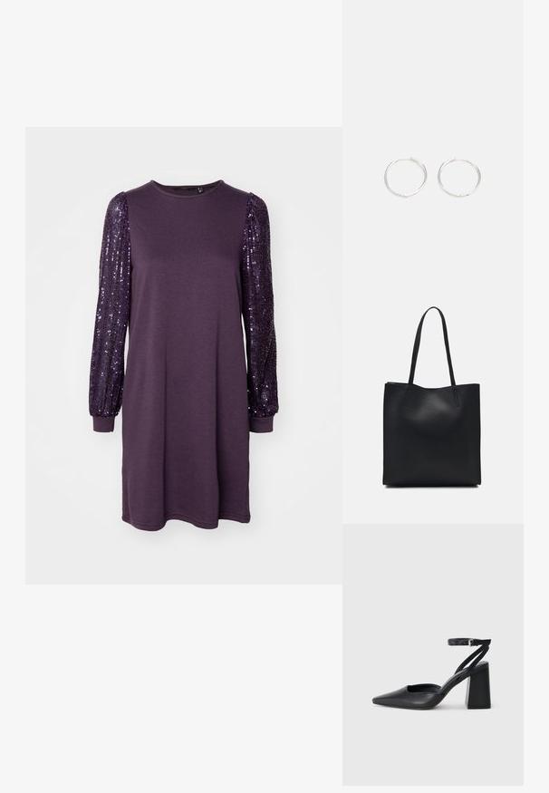 Ljubičasta haljina s dugim rukavima; rukavi su ukrašeni šljokicama. Napravljena je od mekane tkanine, ima okrugli izrez i ležeran kroj.; Crne kožne cipele s špicastim vrhom, remenom oko gležnja i debelim potplatom. Ravna tekstura, elegantan dizajn i minimalistička estetika.; Crna kožna torba za nošenje s glatkom teksturom, pravokutnim oblikom i dvije duge ručke. Nema vidljivih metalnih dijelova ili ukrasa.; Srebrne okrugle naušnice jednostavnog dizajna, s glatkom površinom i bez vidljivih ukrasa. Promjer nije specificiran.